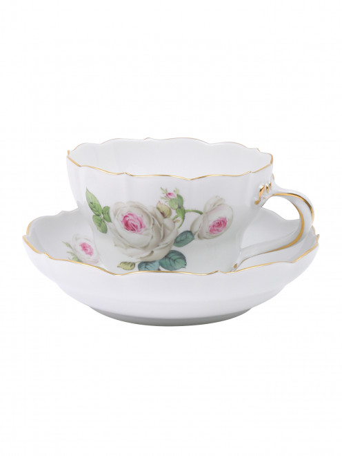 Чайная чашка из фарфора с блюдцем с цветочным узором и золотой окантовкой Meissen - Общий вид